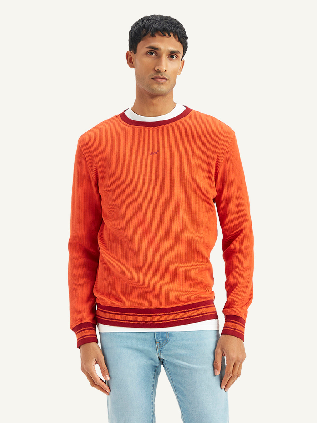 Men's Solid Orange Crew Neck Sweater - Front View