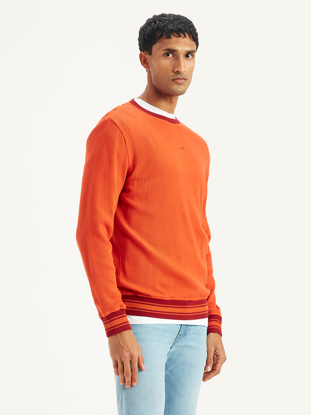 Men's Solid Orange Crew Neck Sweater - Side View