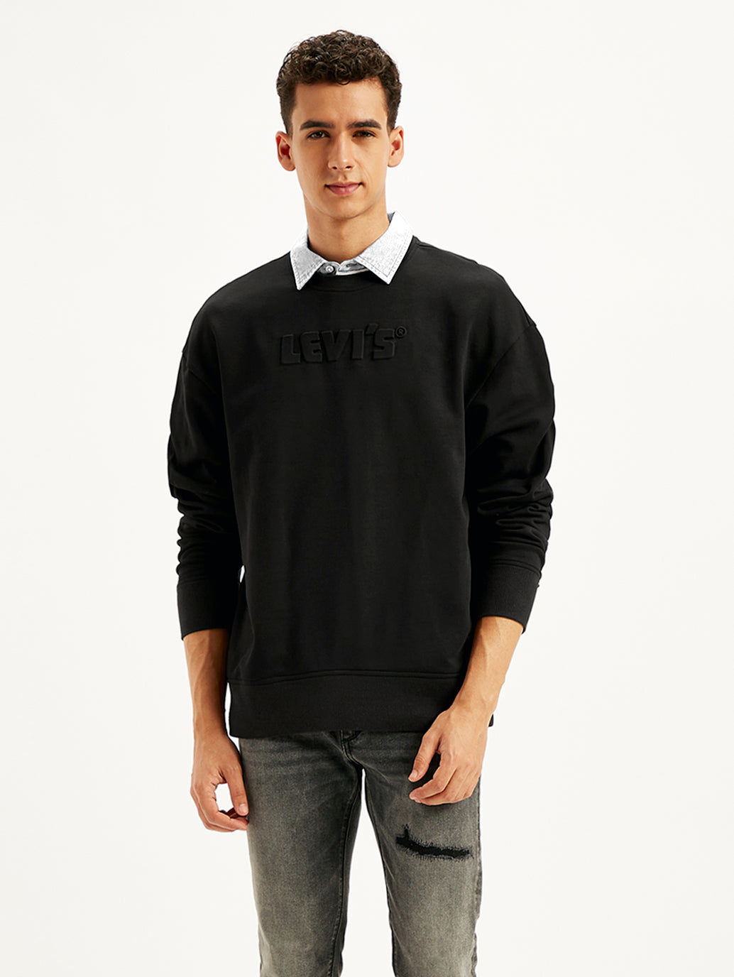 Men's Brand Logo Black Turtle Neck Sweatshirt - Front View