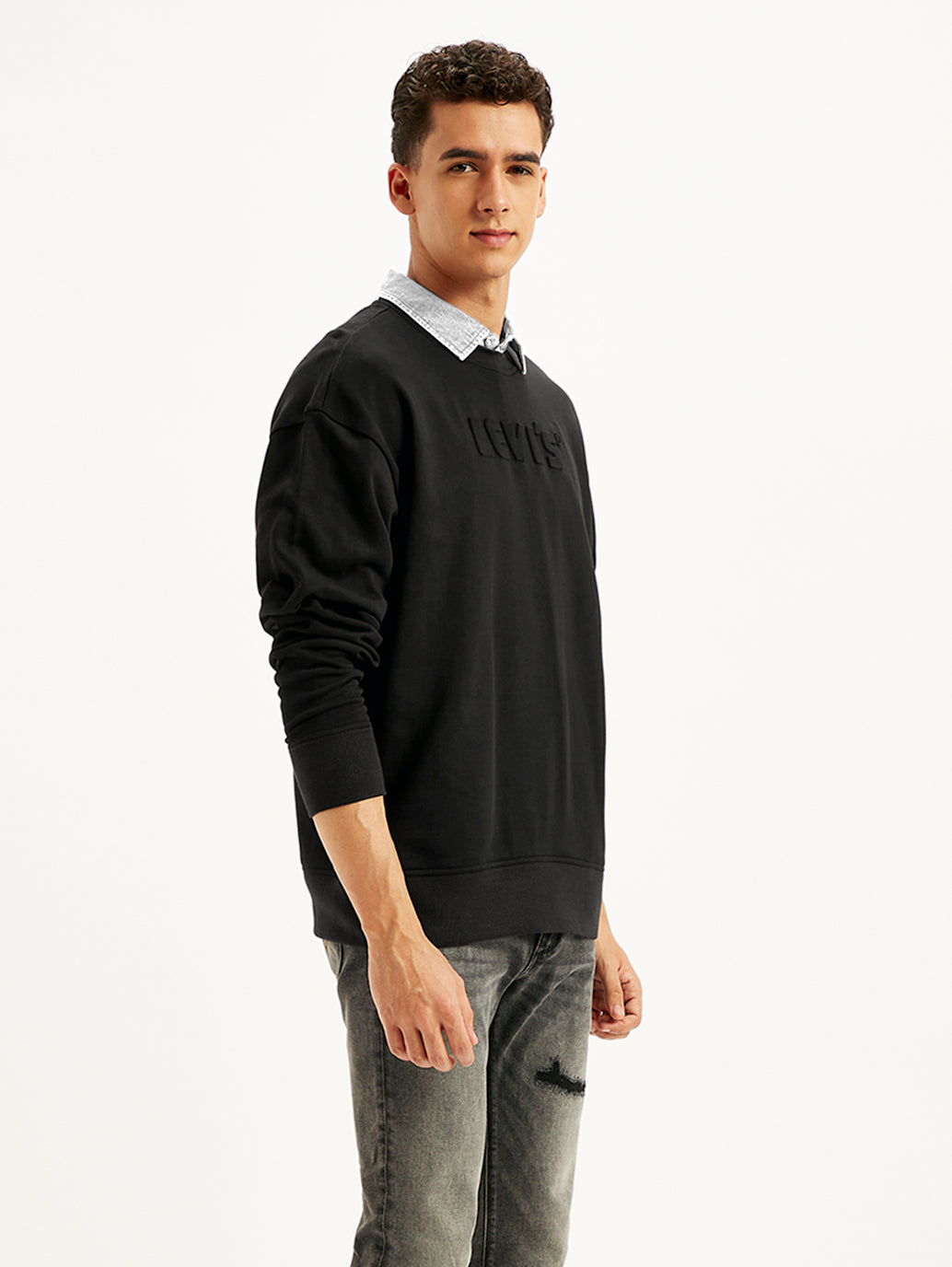 Men's Brand Logo Black Turtle Neck Sweatshirt - Side View