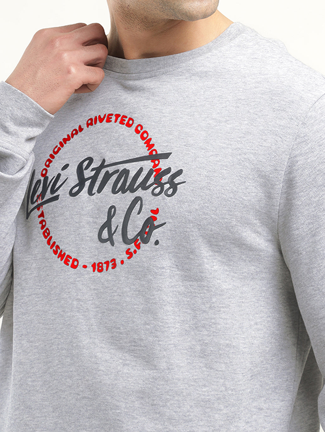 Men's Solid Grey Crew Neck Sweatshirt - Detail View