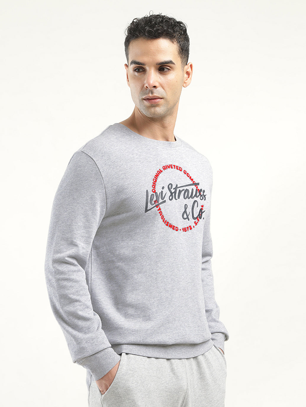 Men's Solid Grey Crew Neck Sweatshirt - Side View