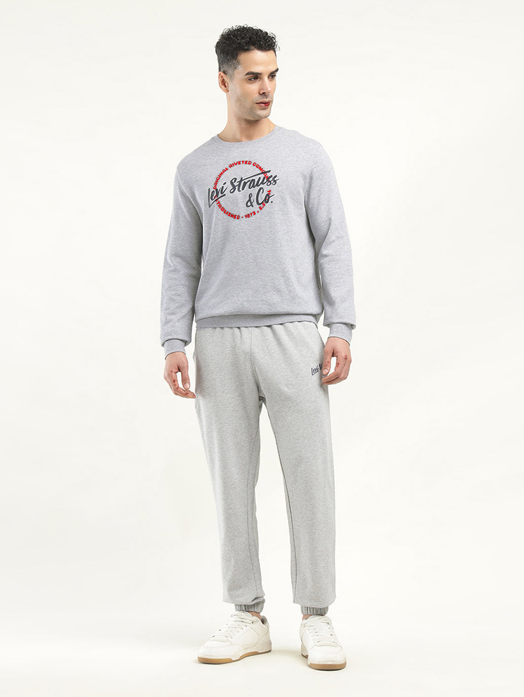 Men's Solid Grey Crew Neck Sweatshirt - ModelFront View