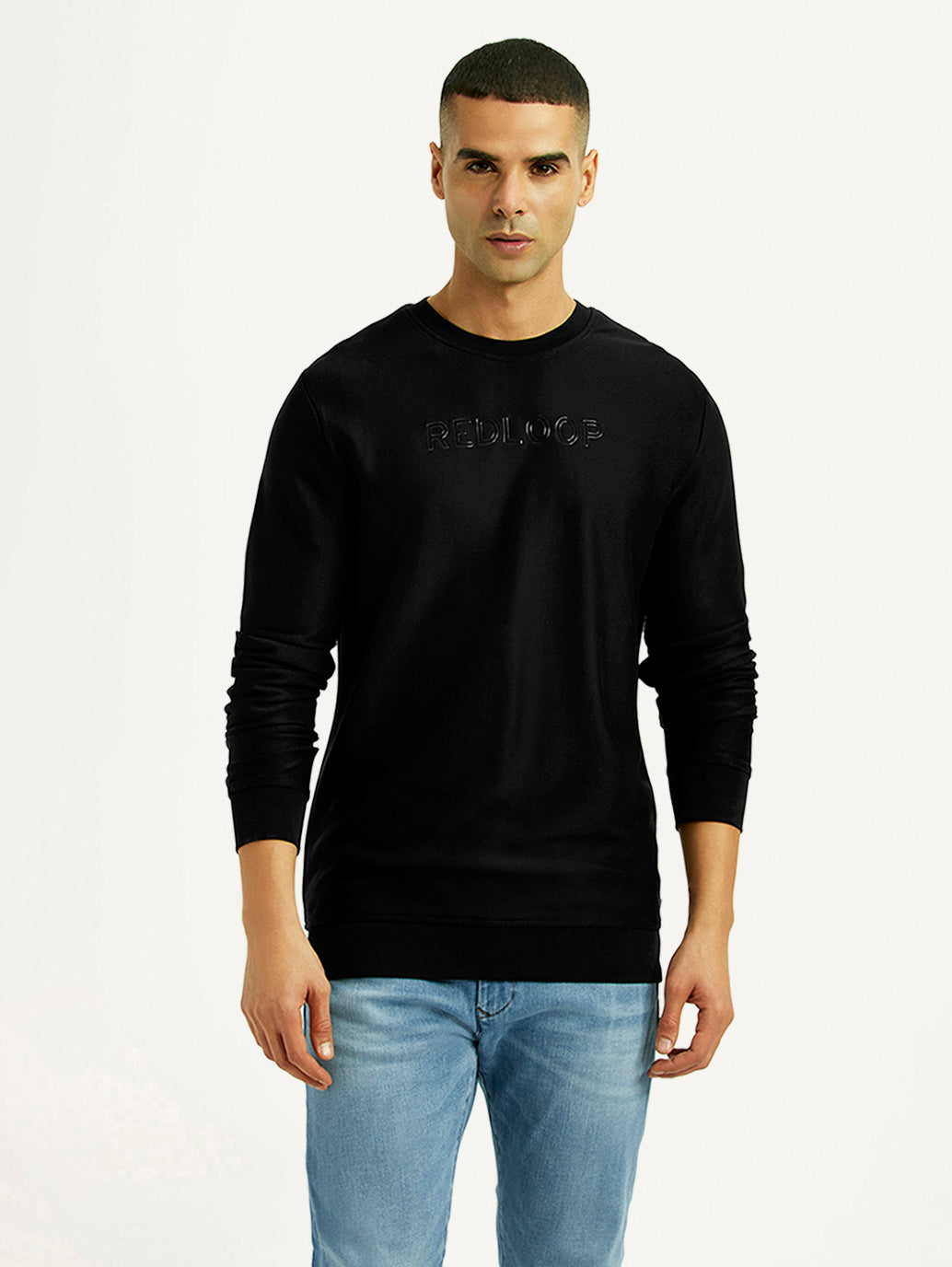 Men's Knitted Black Crew Neck Sweatshirt - Front View