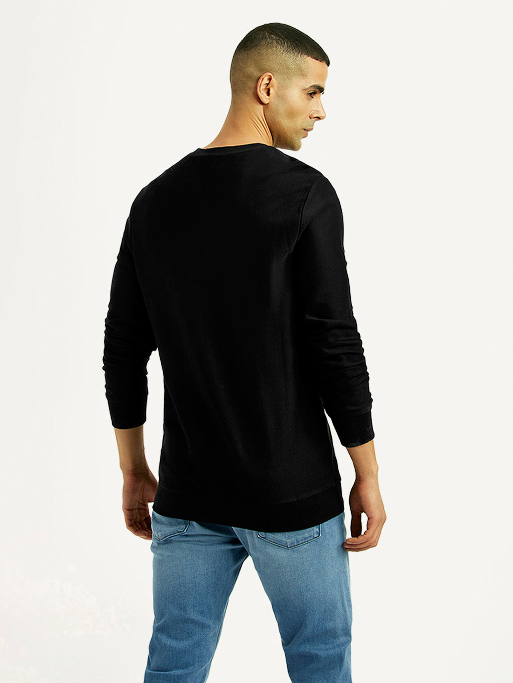 Men's Knitted Black Crew Neck Sweatshirt - Back View