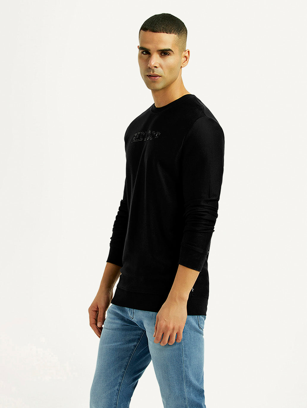 Men's Knitted Black Crew Neck Sweatshirt - Side View