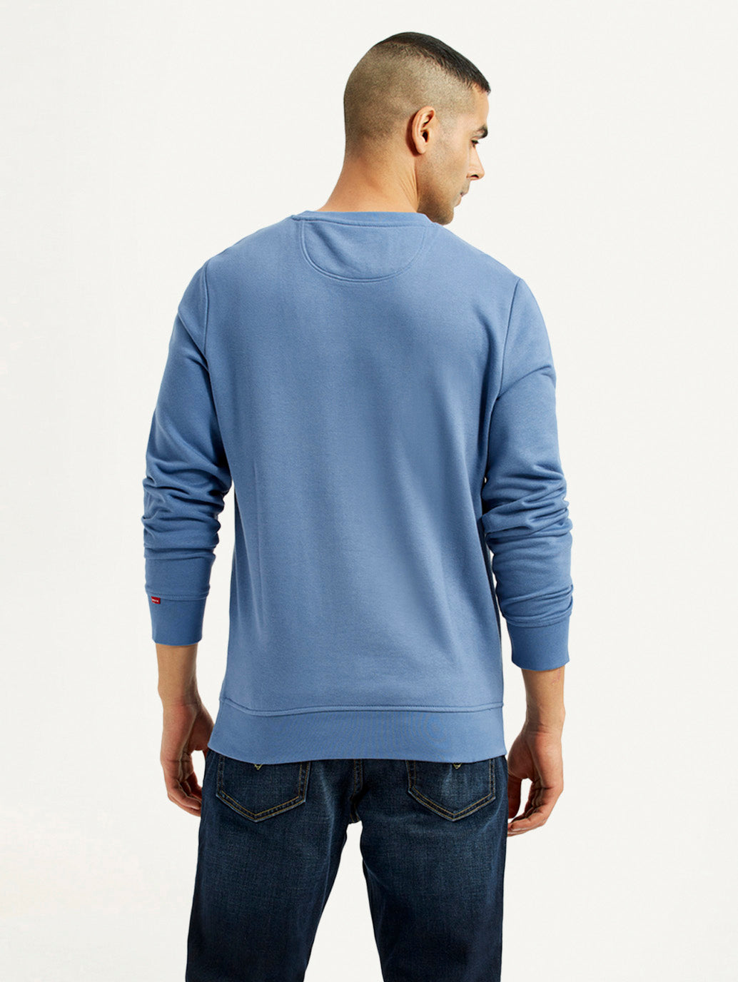 Men's Brand Logo Blue Crew Neck Sweatshirt - Back View