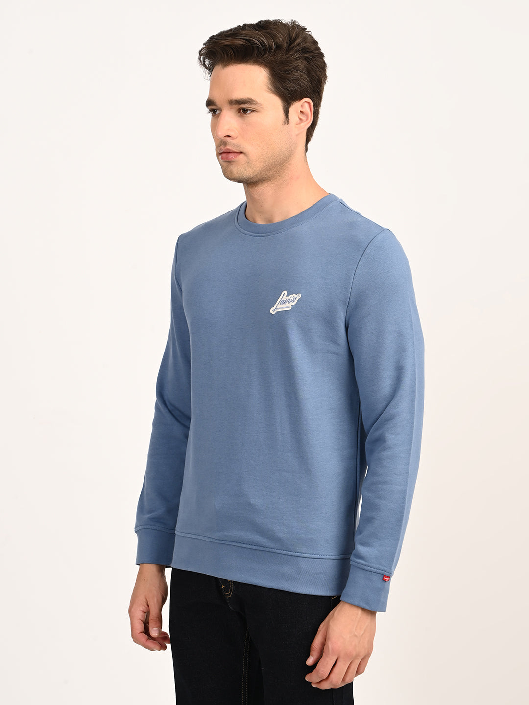 Men's Brand Logo Blue Crew Neck Sweatshirt - side View