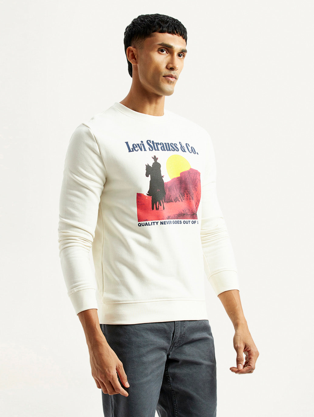 Men's Graphic Print Off White Slim Fit Sweatshirt - Side View