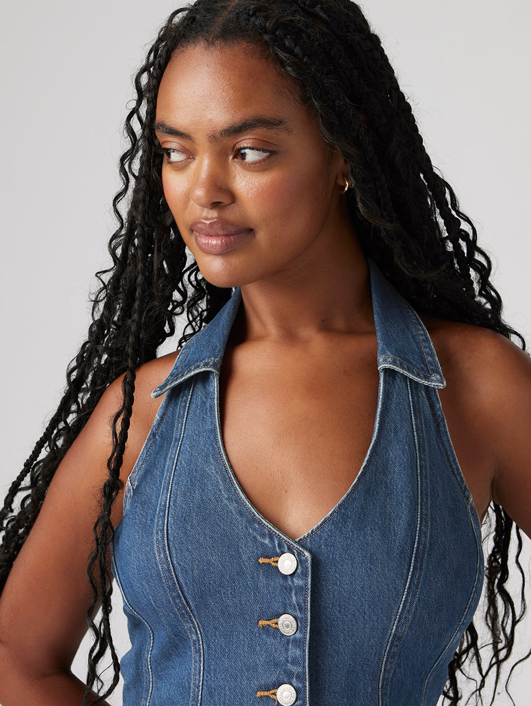 Women's Solid Blue Halter Neck Denim Corset Top - 65854357c1fe50cdb0995af2c74d9842 View