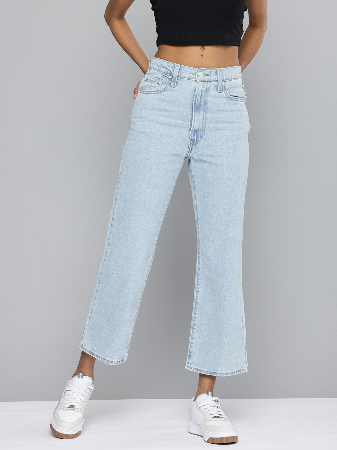 Women's Light Blue Ribcage Cropped Bootcut Fit High Rise Jeans - 671630d615086291ef18a193b4a8b932 View