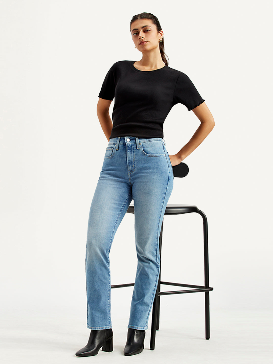 Women's 724 Blue Straight Fit High Rise Jeans - Styleshot View
