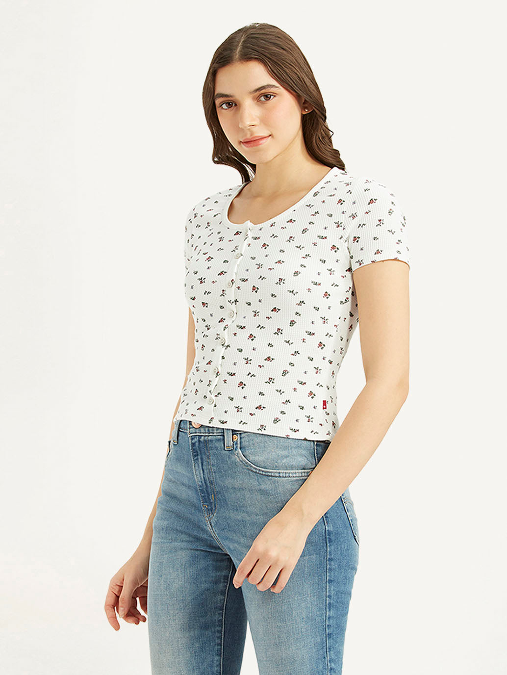 Women's Floral White Round Neck Top - 67eb72af1cc37c333d267cb21337cb50 View