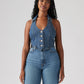 Women's Solid Blue Halter Neck Denim Corset Top - 7048daeb3b72274ee3c214615f745c1b View