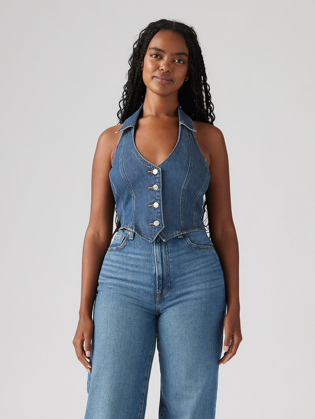 Women's Solid Blue Halter Neck Denim Corset Top - 7048daeb3b72274ee3c214615f745c1b View