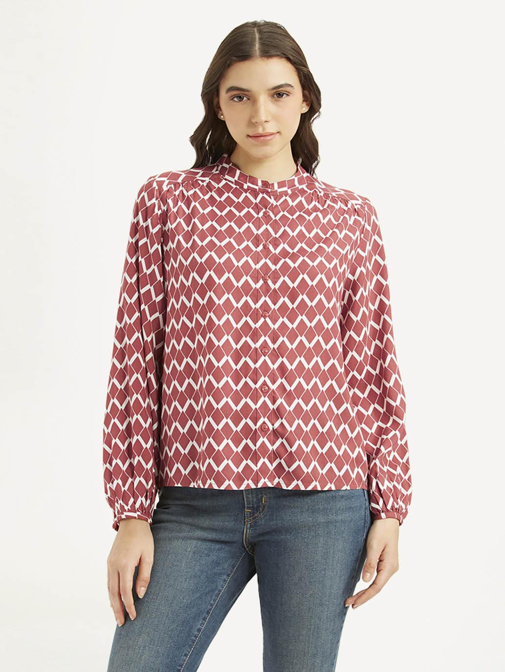 Women's Geometric Red Band Neck Top