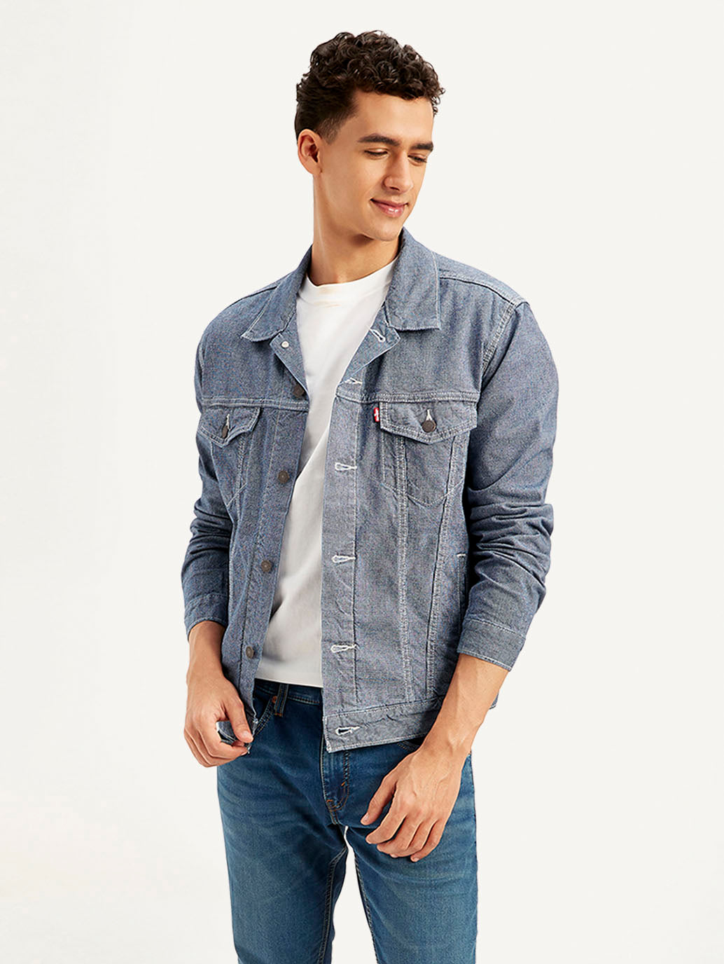 Men's Solid Blue Spread Collar Denim Jacket