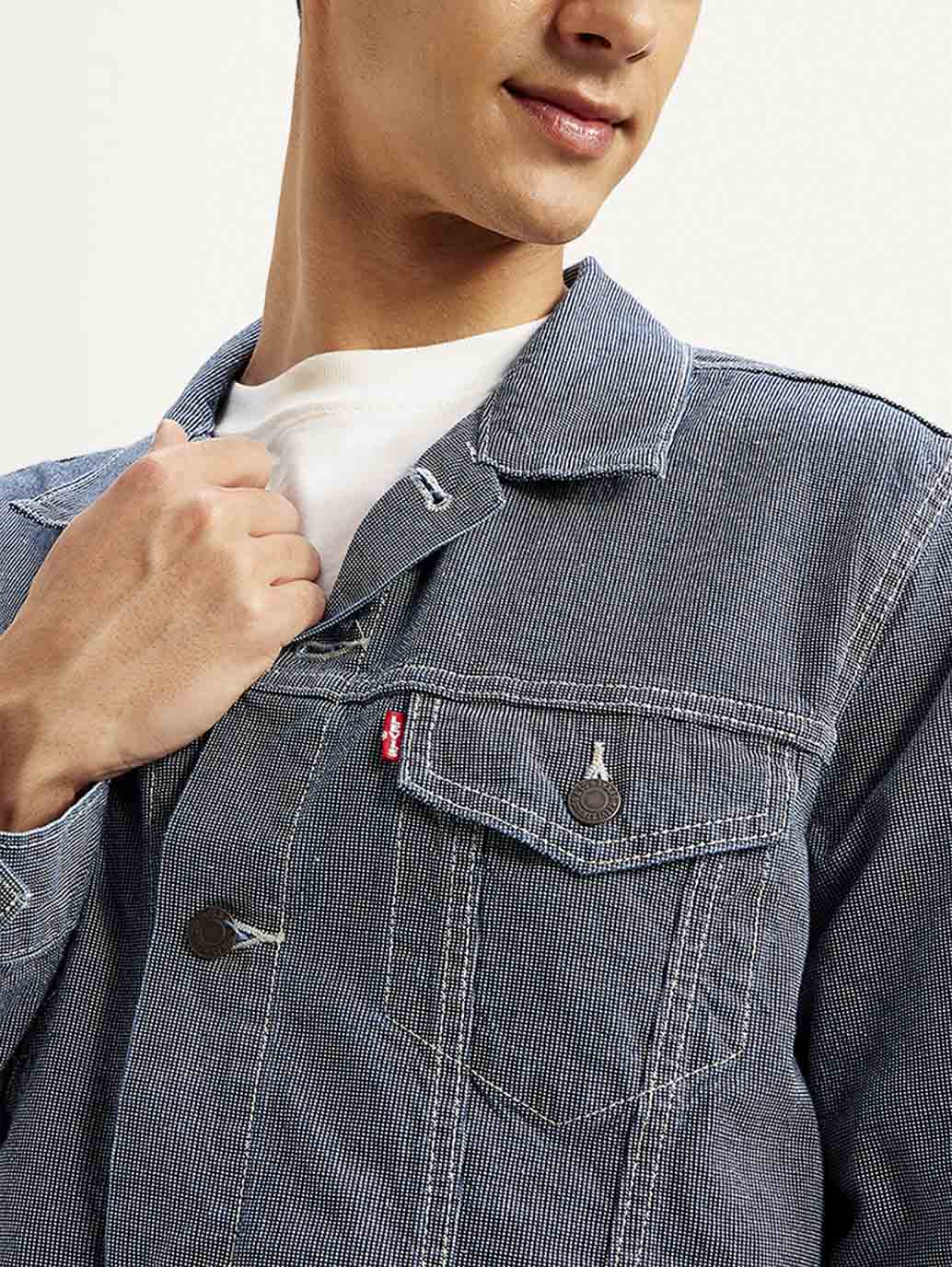 Men's Solid Blue Spread Collar Denim Jacket - Detail View
