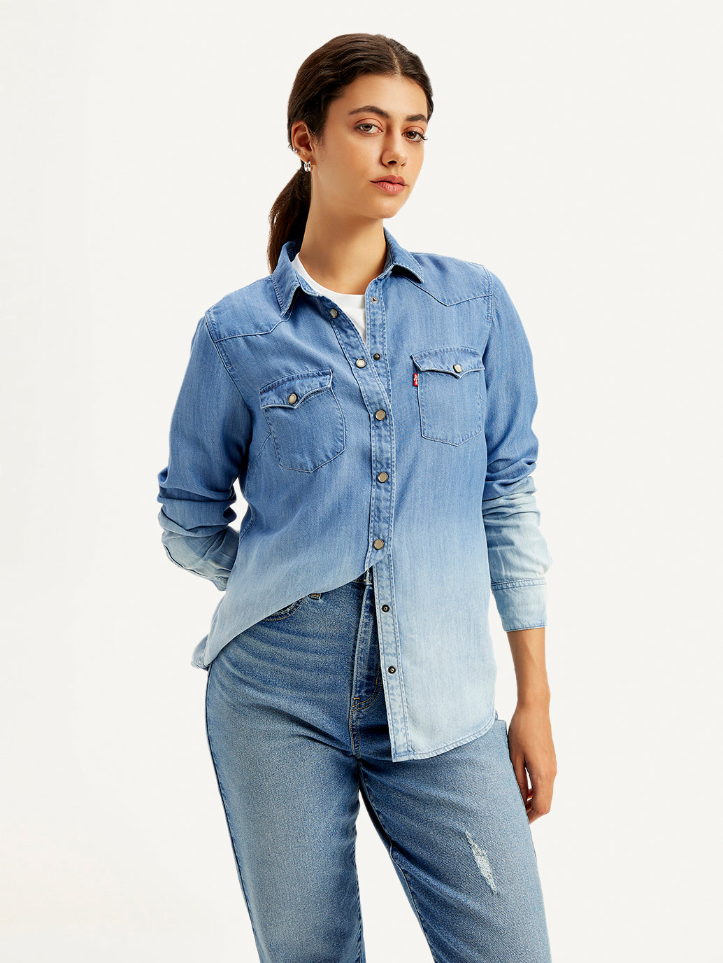 Women's Solid Regular Fit Denim Shirt - Elevated View