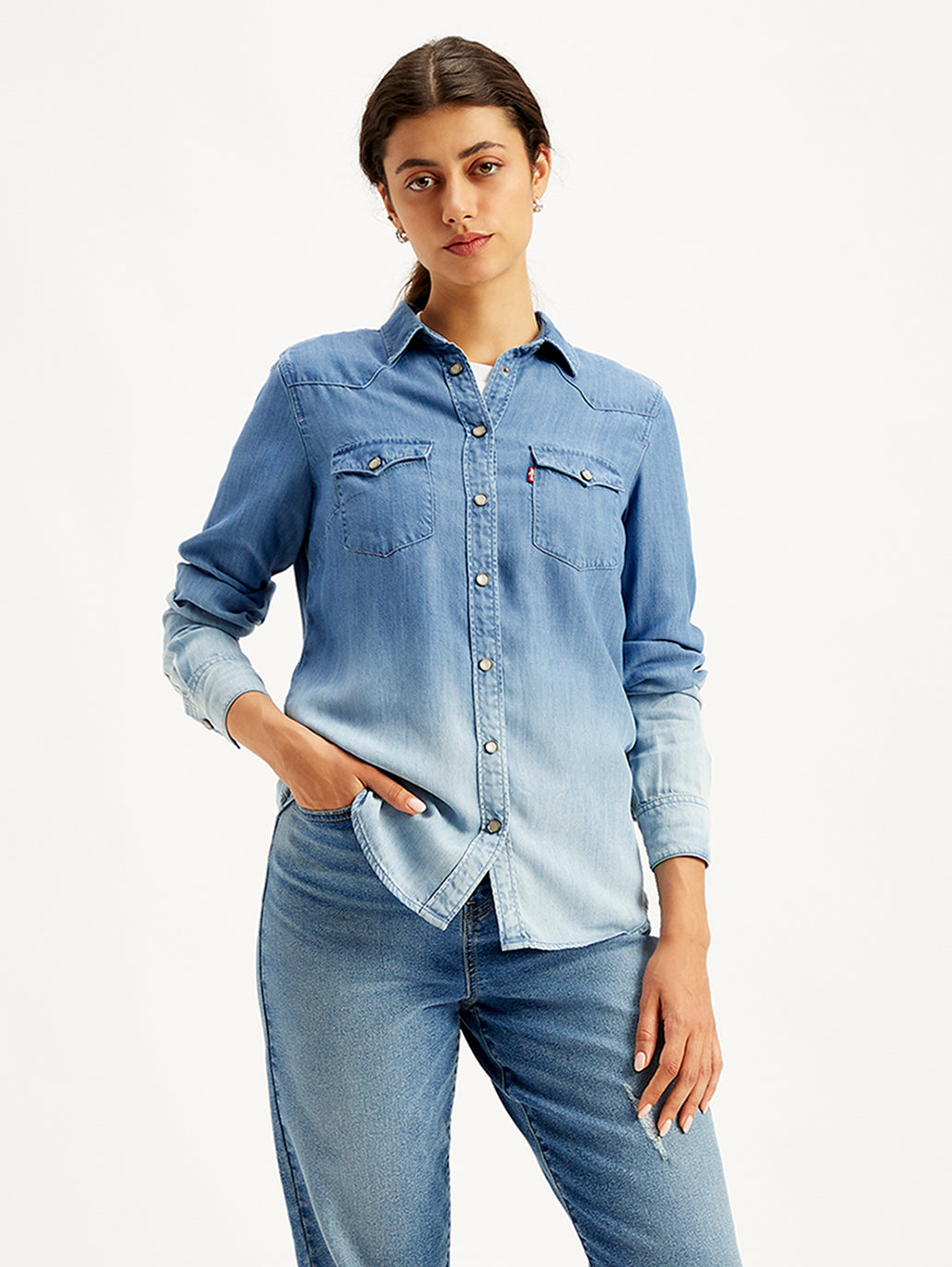 Women's Solid Regular Fit Denim Shirt - Front View