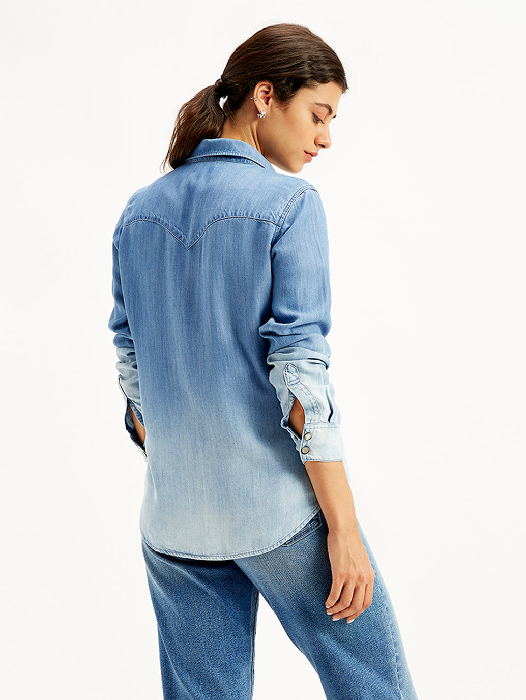 Women's Solid Regular Fit Denim Shirt - Back View