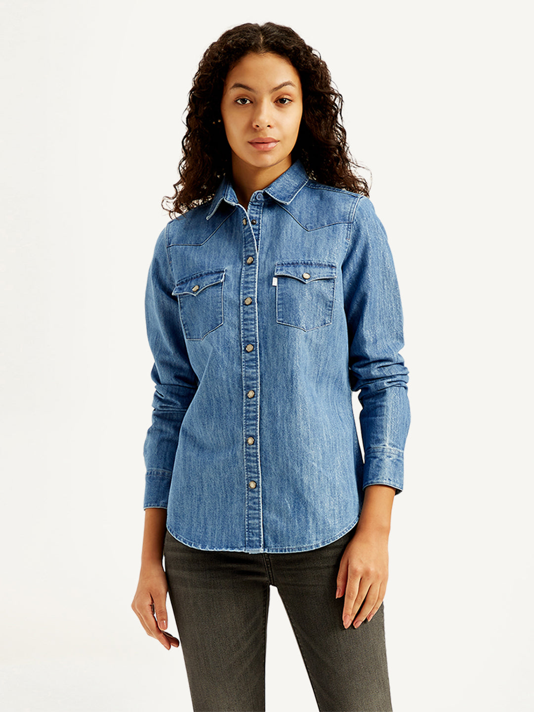 Women's Solid Regular Fit Denim Shirt - Front View