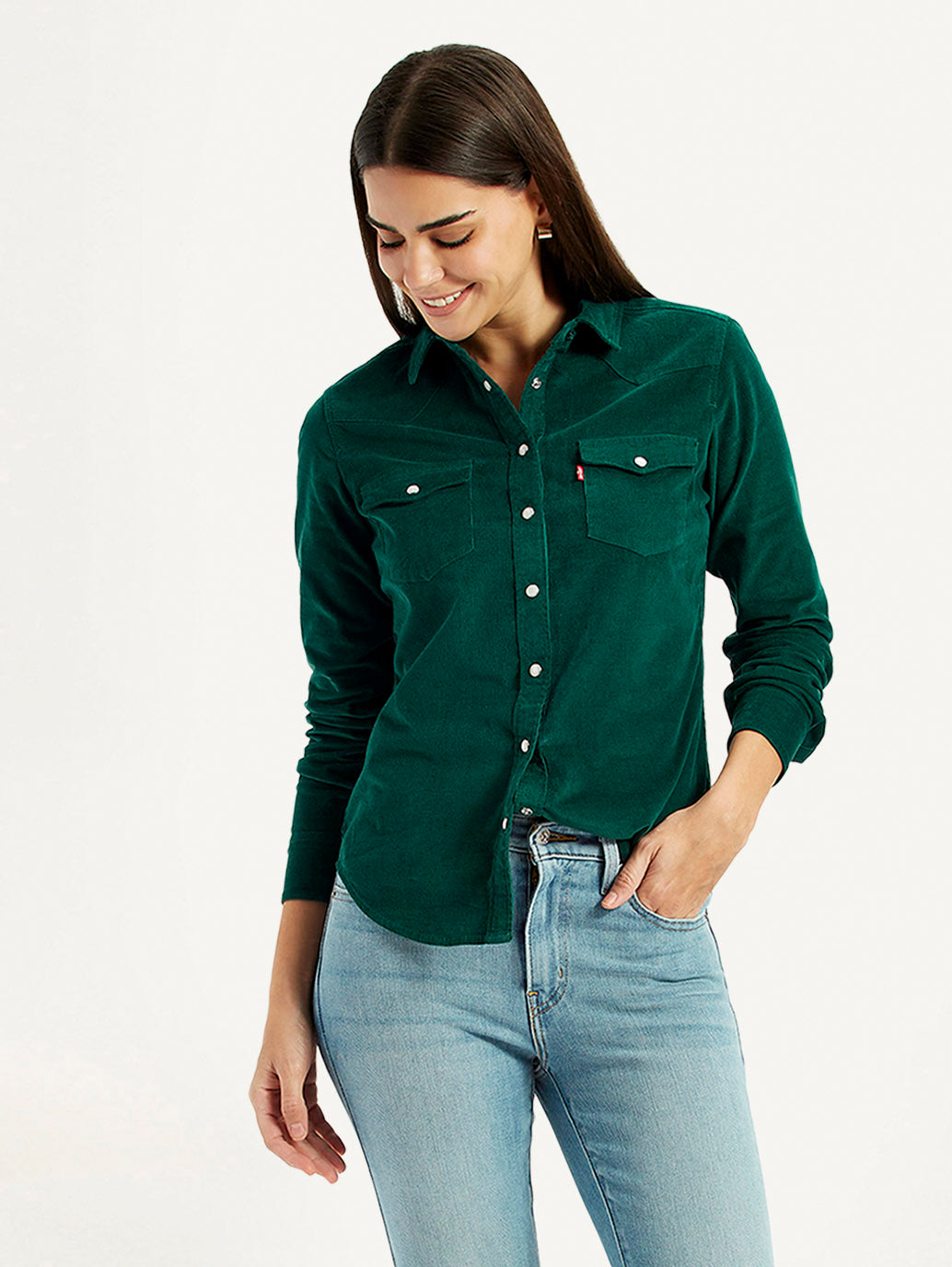 Women's Textured Dark Green Spread Collar Shirt - Styleshot View