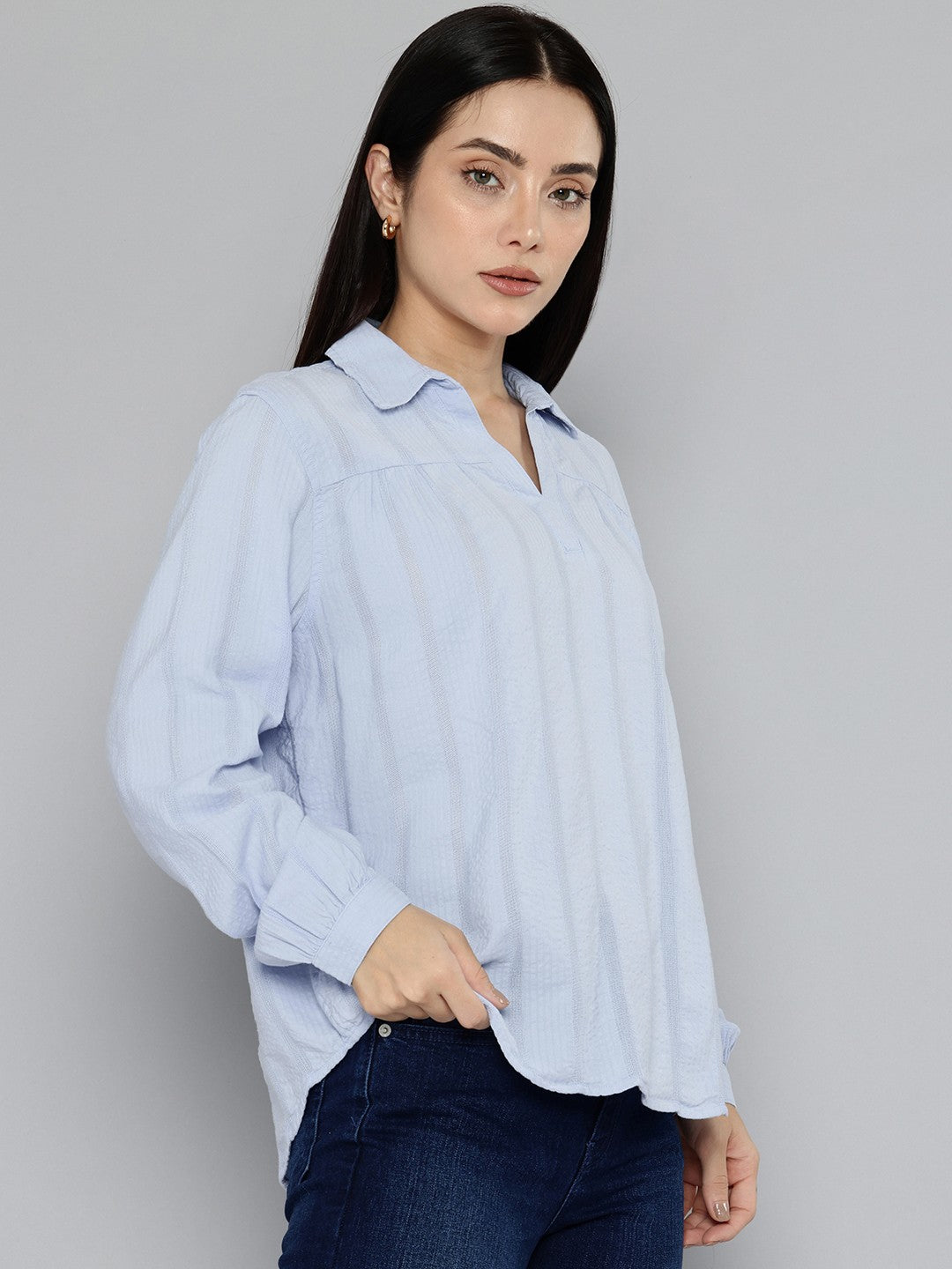 Women's Striped Blue Spread Collar Top - 7603fa78-8f0e-4b20-977f-0ee4a5d63d5b1742379281795-Womens-Striped-Light-blue-Spread-Collar-Top-6231742379281332-3 View