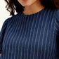 Women's Striped Dark Blue Round Neck Denim Top - 7c056ff8db812fabd4b9e97be290fb8c View