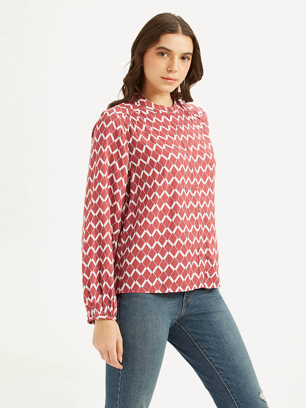 Women's Geometric Red Band Neck Top - 7c75de0bcd3be67c41e7d949a6faf1cb View