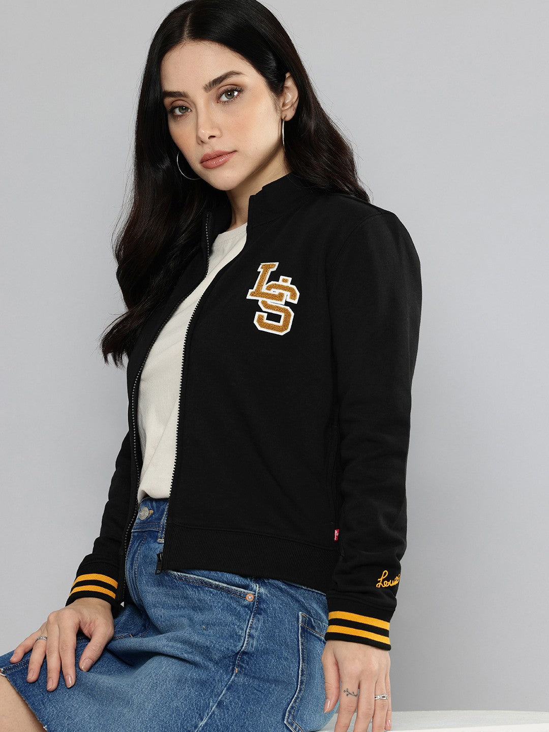 Women's Embroidered Black Crew Neck Sweatshirt - 1 View