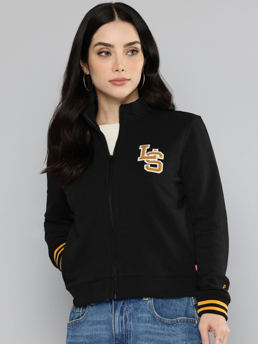 Women's Embroidered Black Crew Neck Sweatshirt - 3 View
