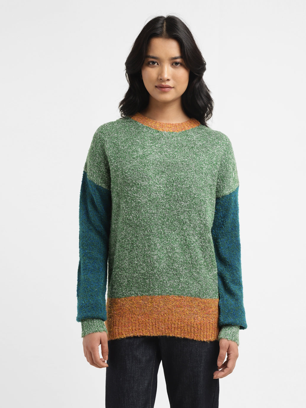 Women's Colorblock Green Crew Neck Sweater