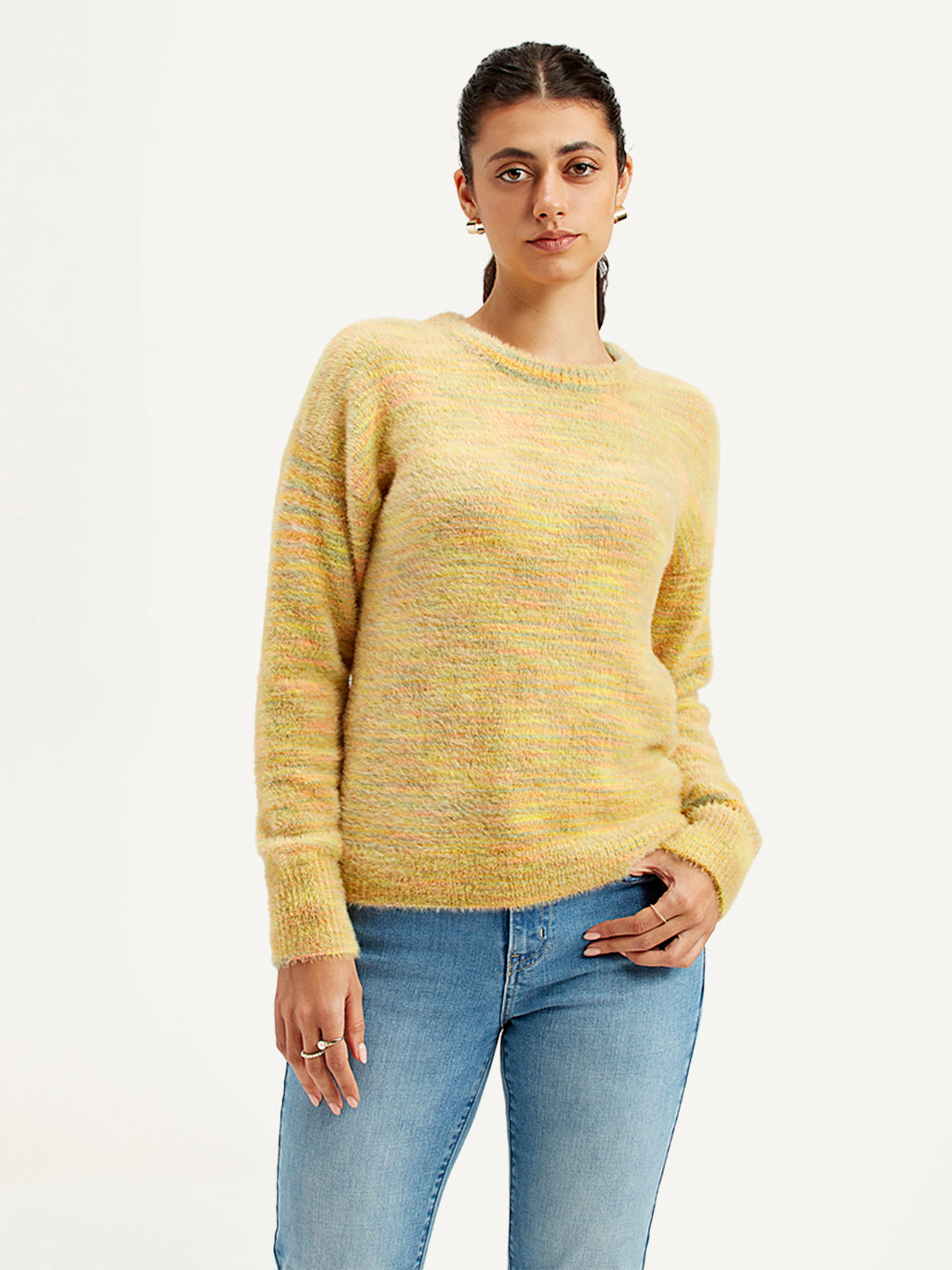 Women's Self Pattern Yellow Crew Neck Sweater - Front View