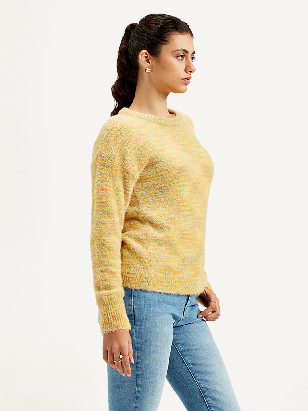 Women's Self Pattern Yellow Crew Neck Sweater - Side View