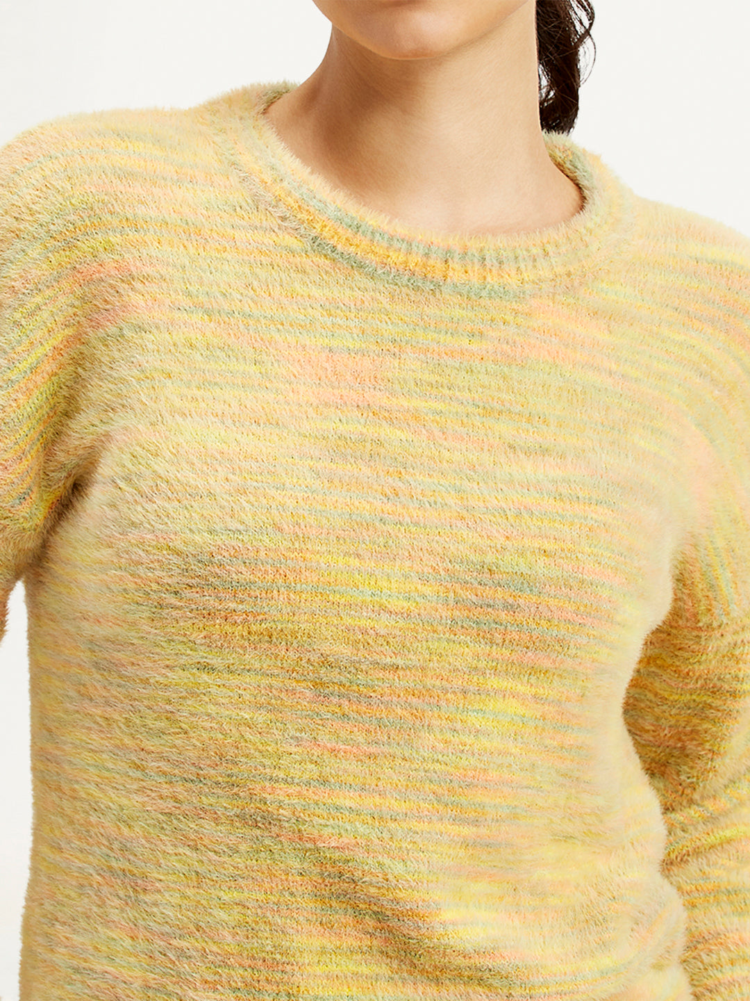 Women's Self Pattern Yellow Crew Neck Sweater - Detail View