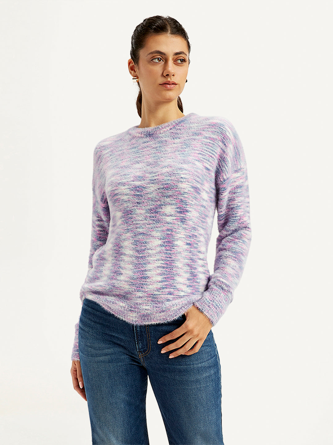 Women's Self Pattern Purple Crew Neck Sweater - Front View