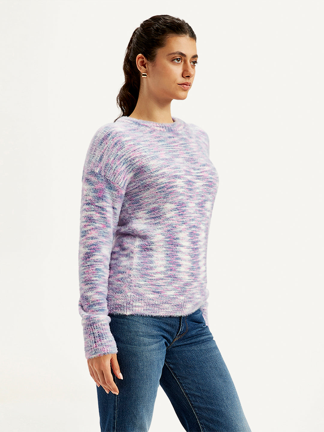 Women's Self Pattern Purple Crew Neck Sweater - Side View