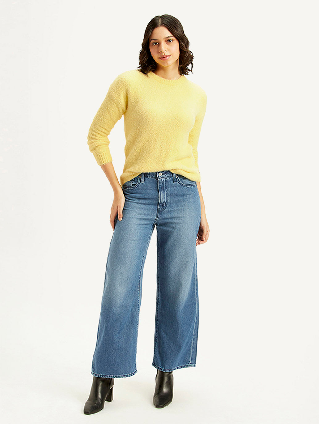 Women's Solid Yellow Crew Neck Sweater - Styleshot View