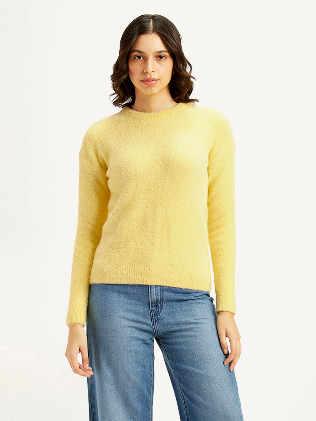 Women's Solid Yellow Crew Neck Sweater - Front View