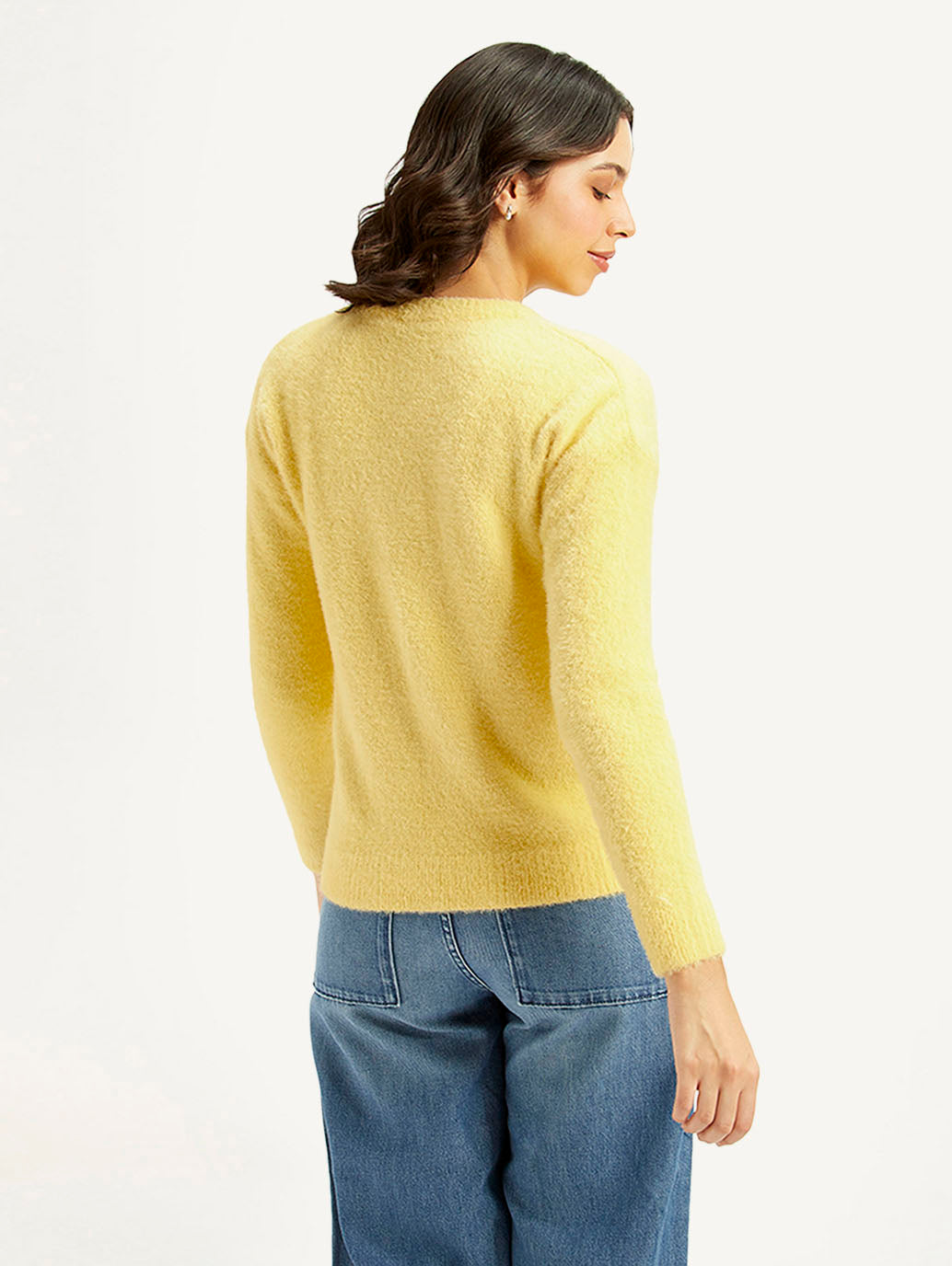 Women's Solid Yellow Crew Neck Sweater - back View