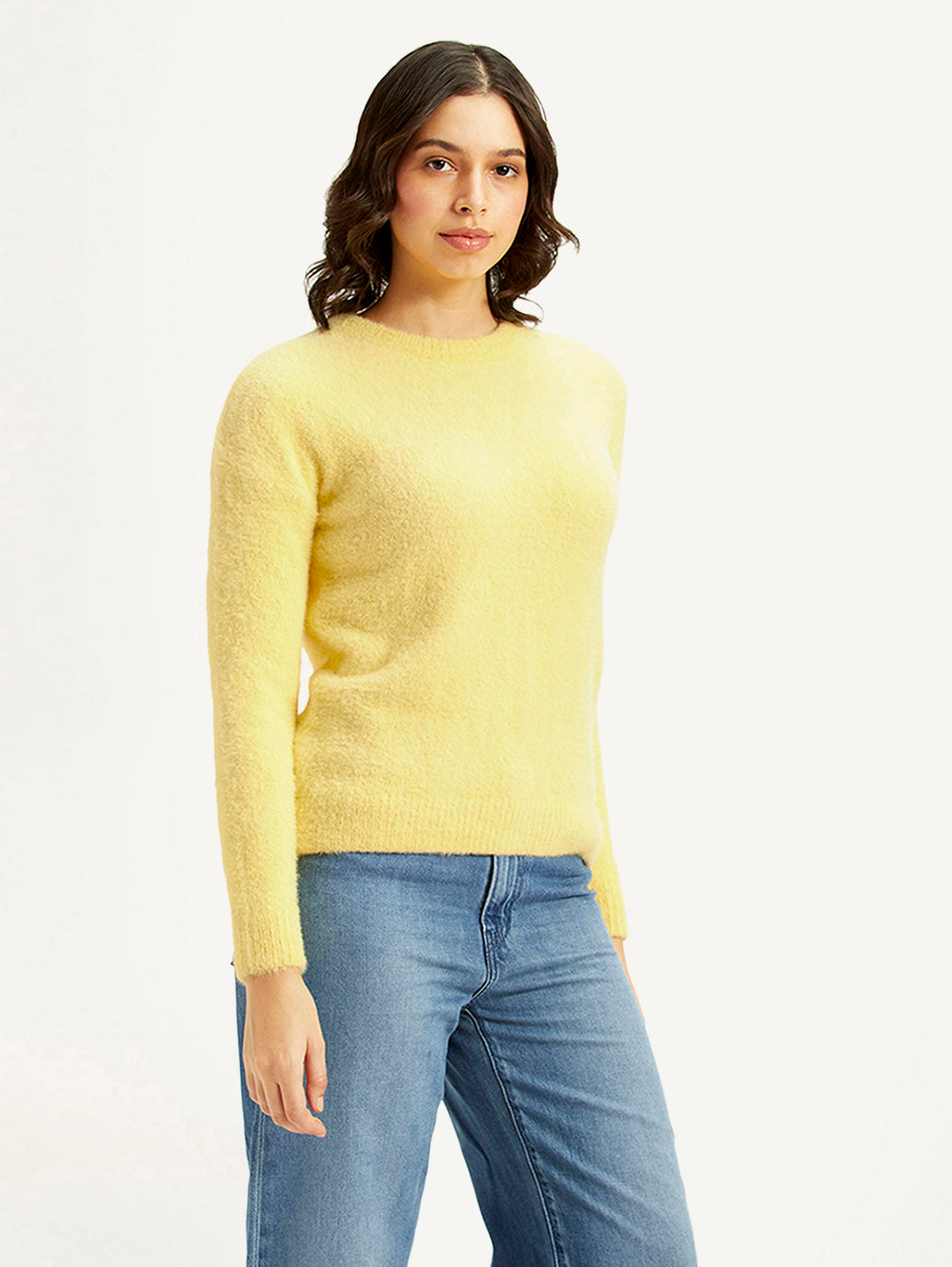 Women's Solid Yellow Crew Neck Sweater - Side View