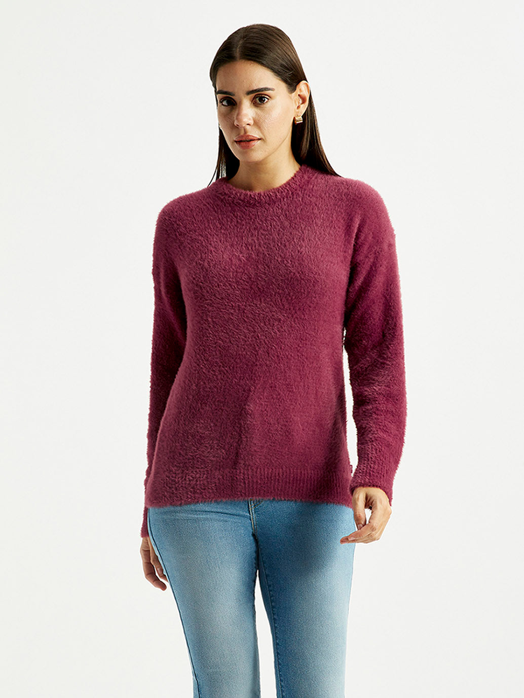 Women's Solid Maroon Crew Neck Sweater - Front View