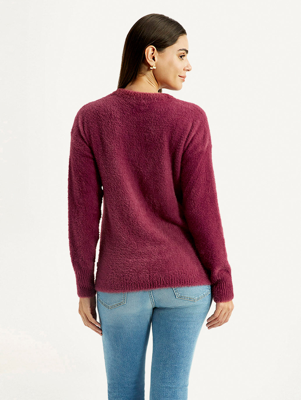 Women's Solid Maroon Crew Neck Sweater - Back View