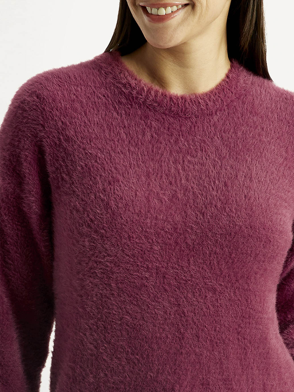 Women's Solid Maroon Crew Neck Sweater - Detail View