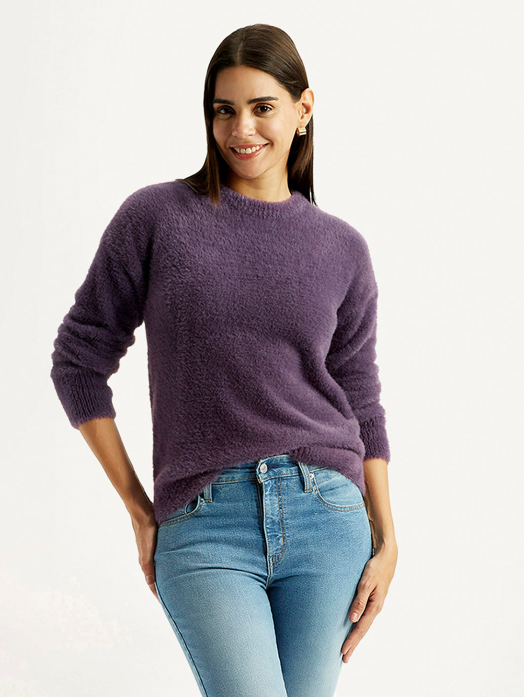 Women's Solid Purple Crew Neck Sweater