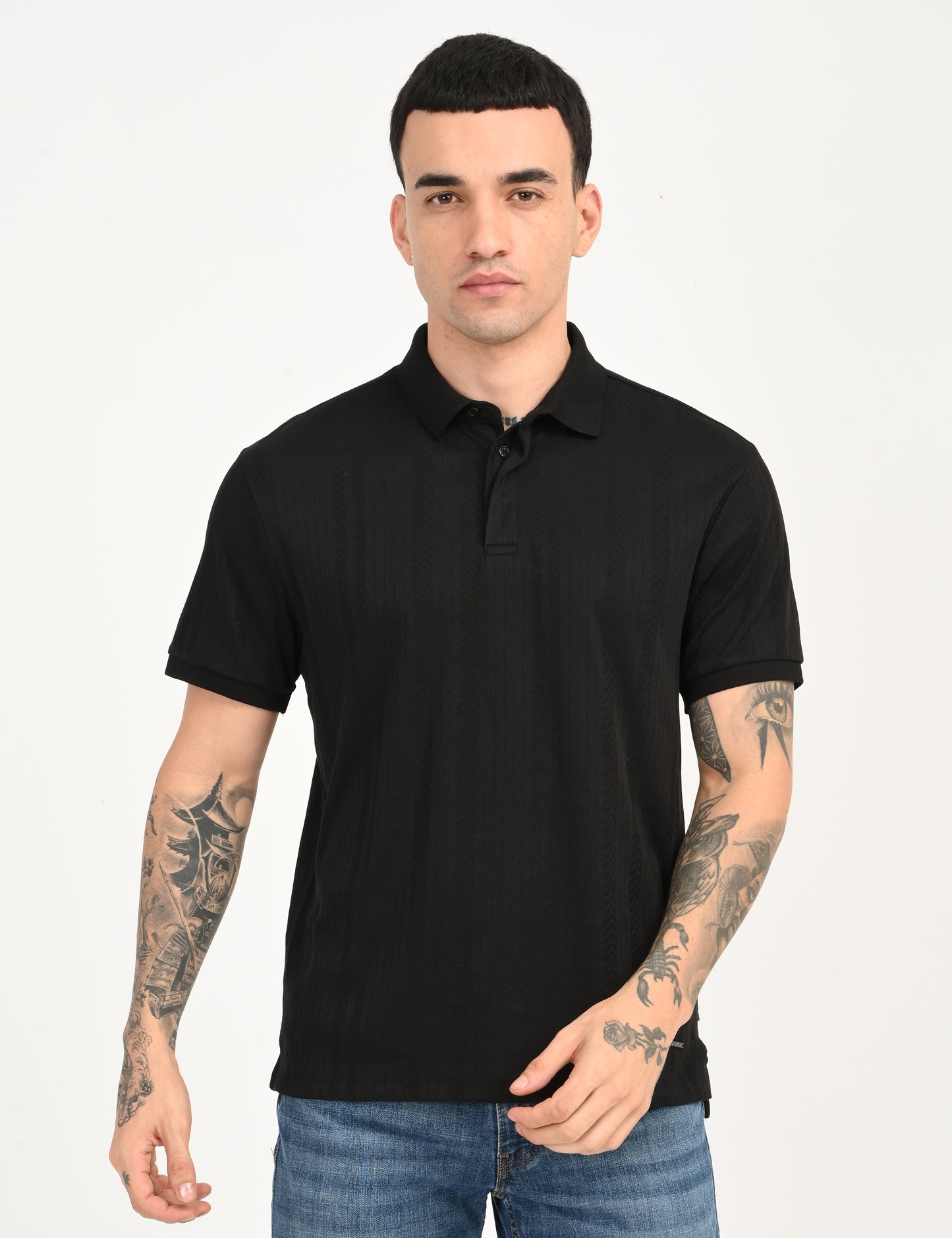 Men's Redloop Self Design Black Slim Fit Polo T-shirt - frount View