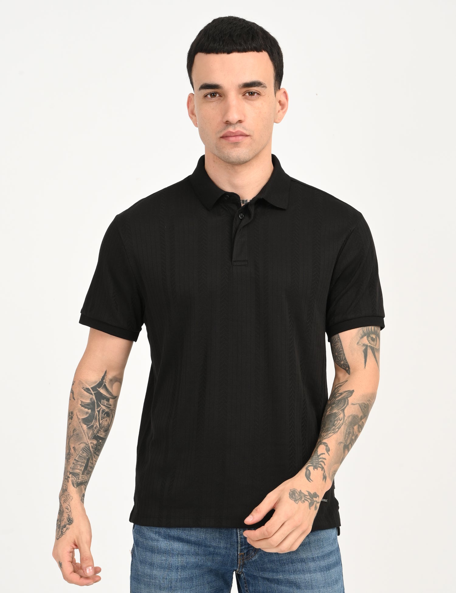 Men's Redloop Self Design Black Slim Fit Polo T-shirt