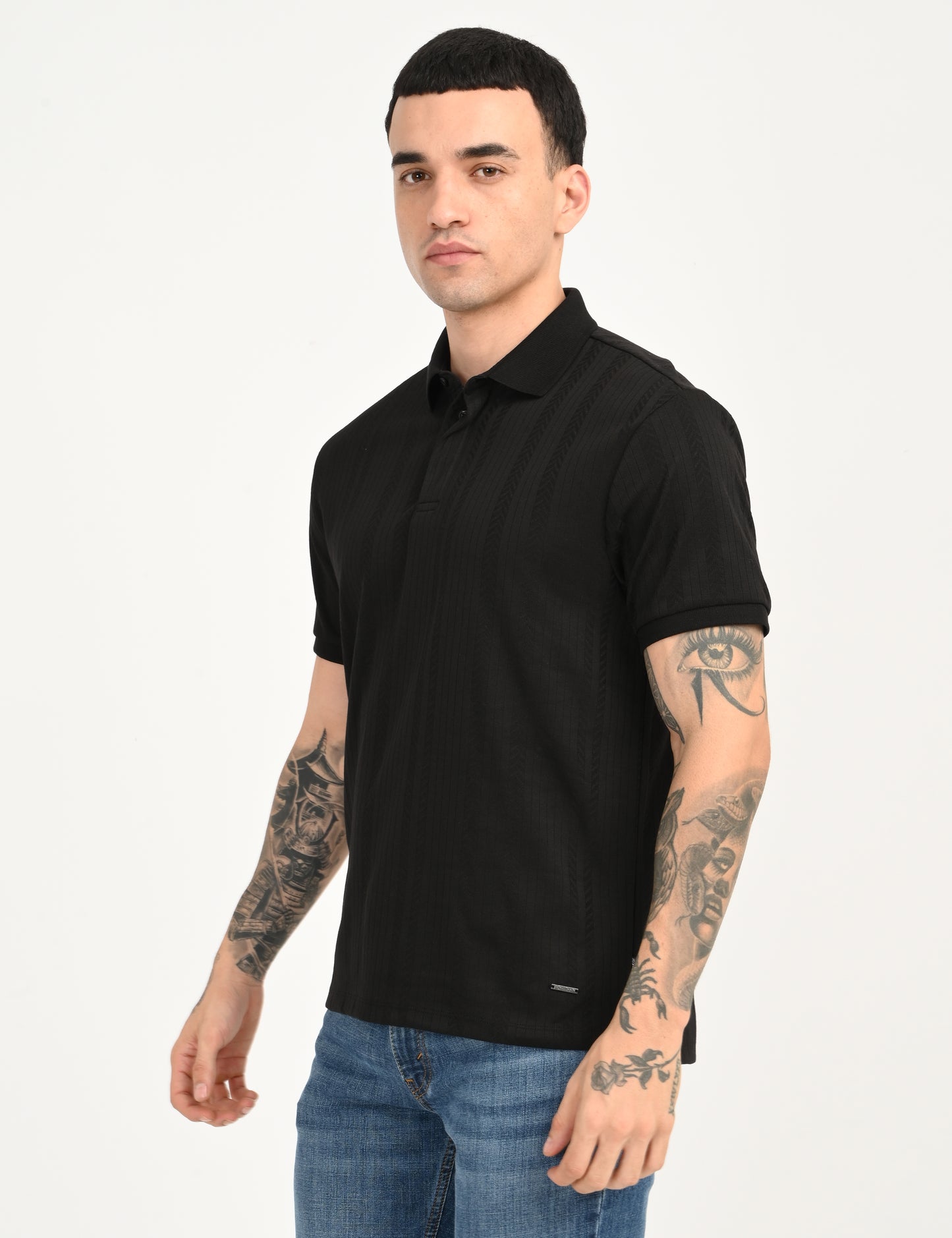 Men's Redloop Self Design Black Slim Fit Polo T-shirt - side View
