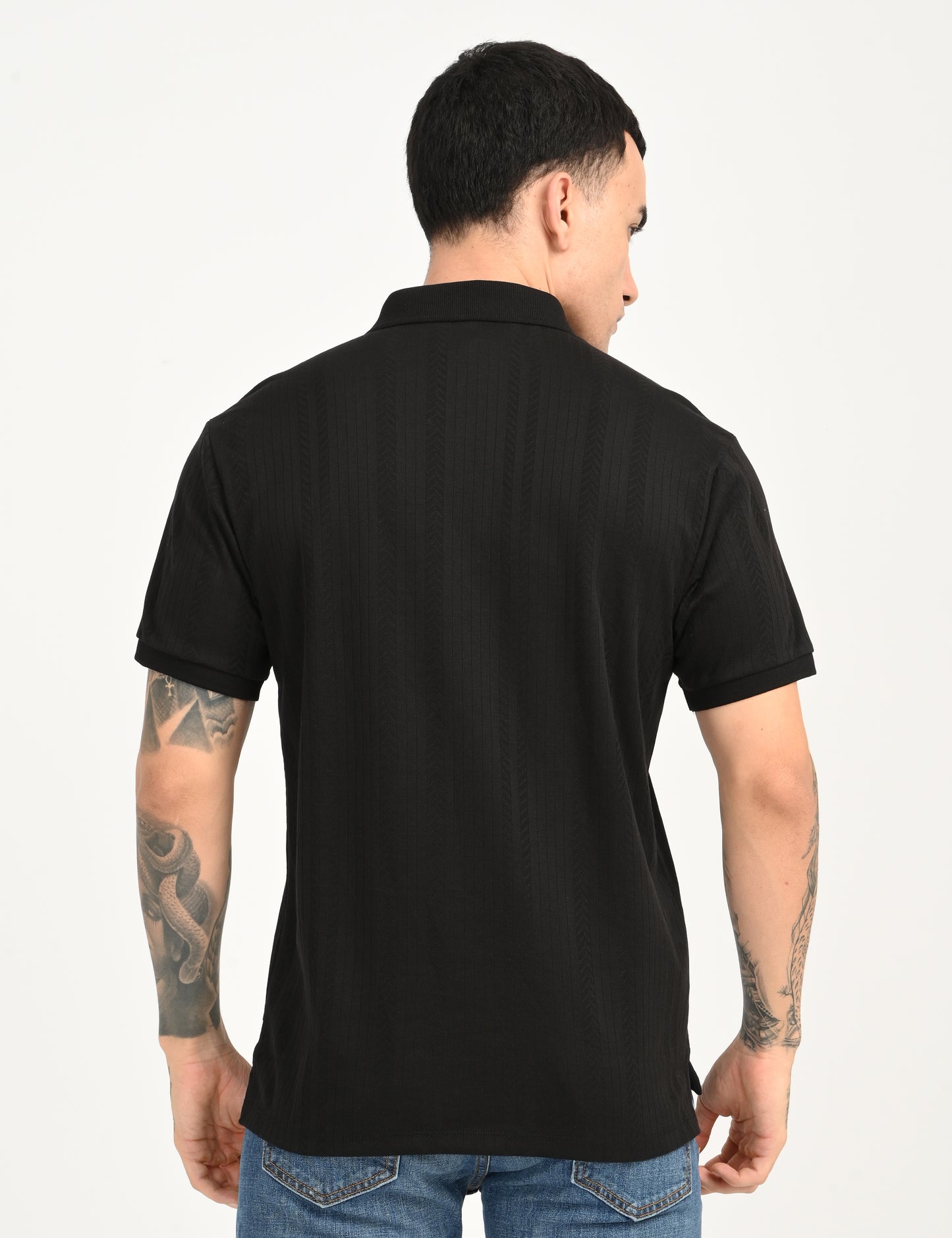 Men's Redloop Self Design Black Slim Fit Polo T-shirt - back View